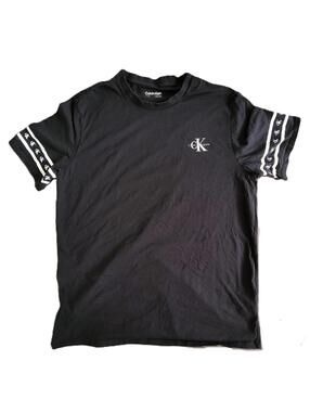Calvin Klein Men’s XL Black Logo T-Shirt CK Sleeve Stripe Graphic Tee